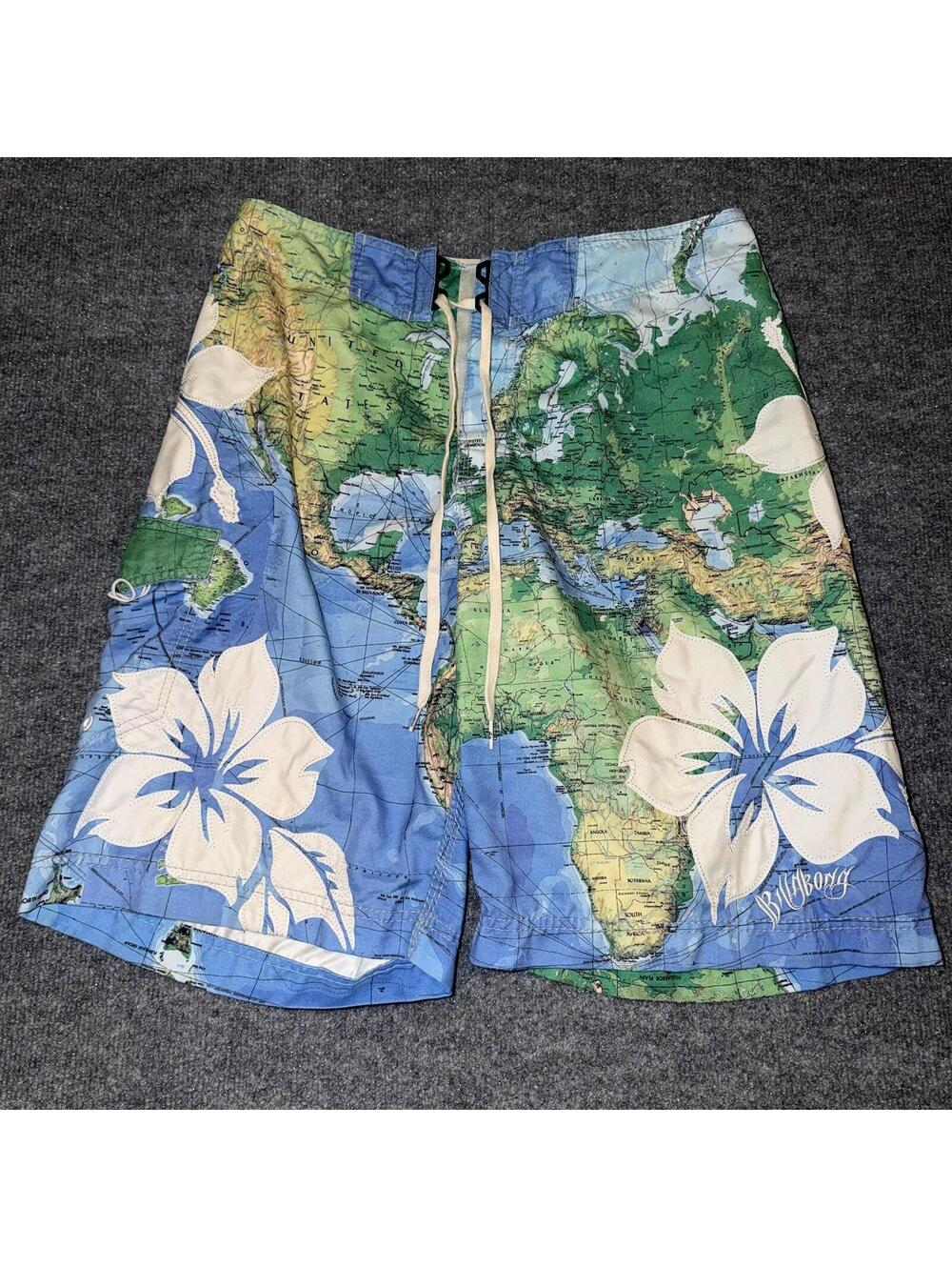 Billabong World Map Floral Surf Board Shorts Mens MD 32 VTG Y2K 90s Rare